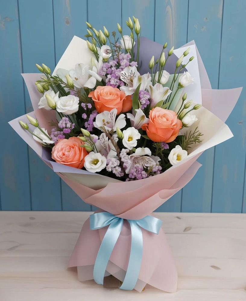 Букет цветов из: Лизиантусы, Розы, Альстромерии и Гипсофила в Солнечном Курской области