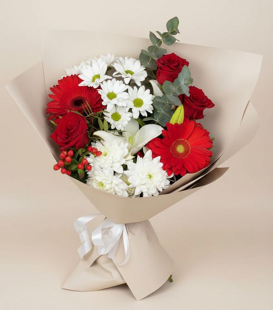 Букет цветов из: Розы, Хризантемы, Герберы и Лилии в Солнечном Курской области
