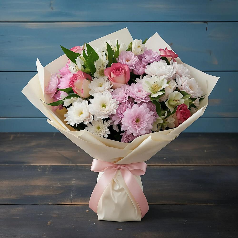 Букет цветов из: Хризантемы, Альстромерии и Розы в Солнечном Курской области